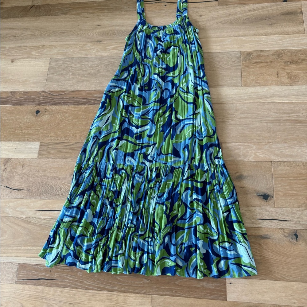 Blue Tiered Pleated Sundress with Spaghetti Straps